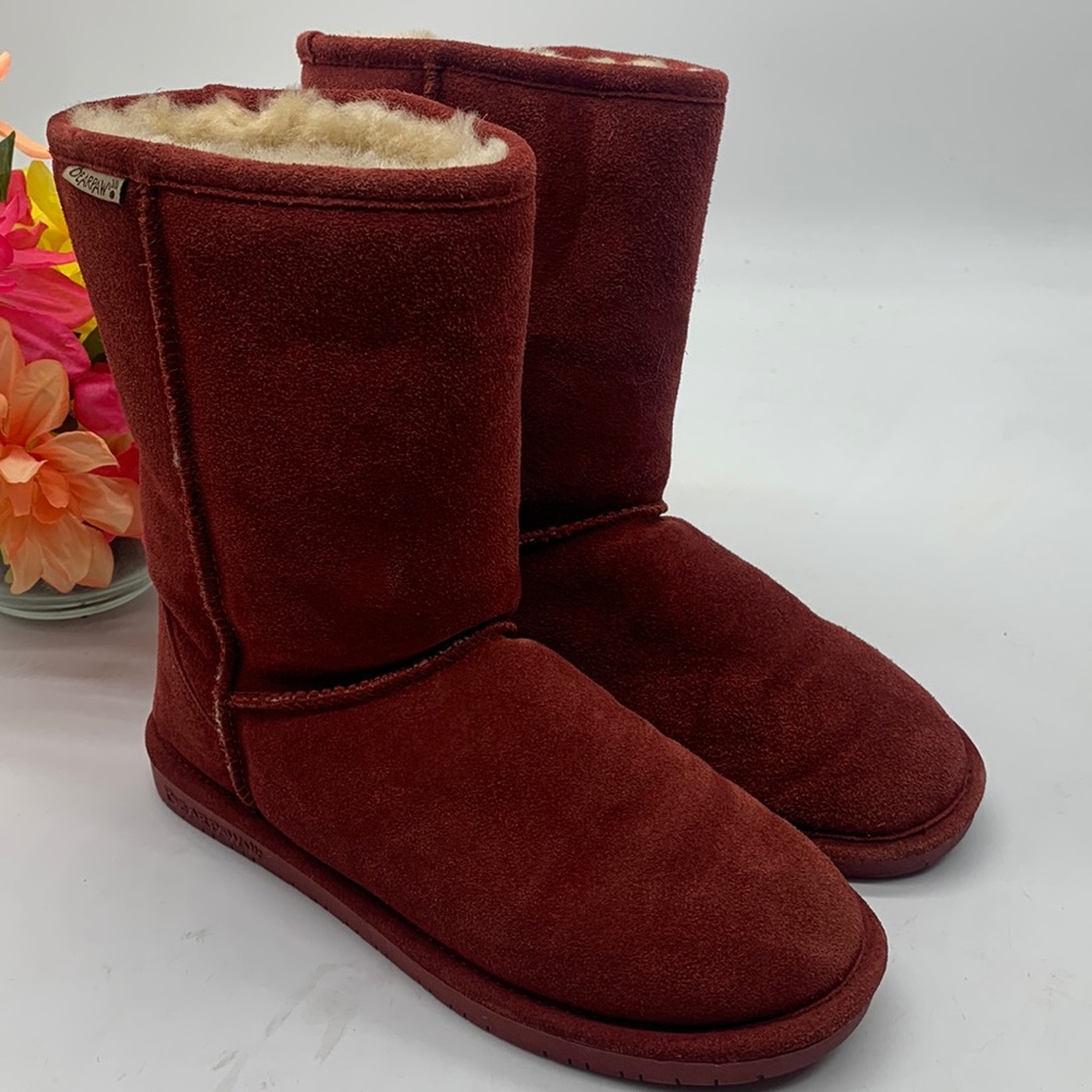 BearPaw Dark Red Suede Mid Calf Shearling Lined Winter Boots Size 8. WRB3941